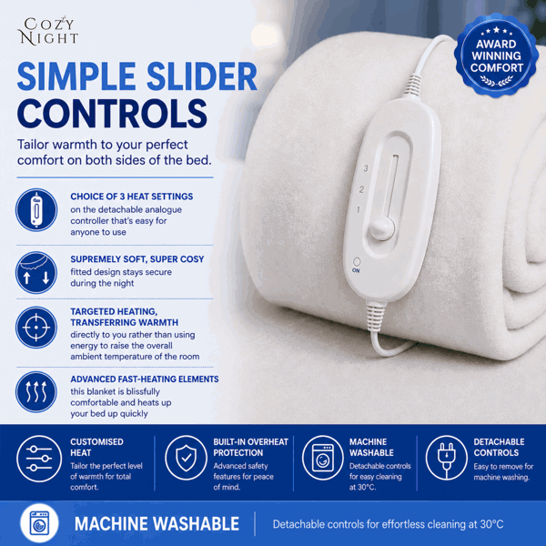 Cozy Night Electric Blanket Single Size Heated with 3 Heat Settings - Machine Washable with Overheat Protection