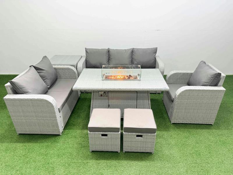 Fimous 8 Seater PE Wicker Rattan Garden Furniture Patio Set, Firepit Table, Reclining Chair, Loveseat, 3 Seater Sofa, Stool, Side Table, Light Grey