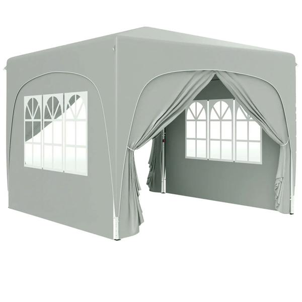 Light grey pop-up gazebo shelter with arched front openings and side curtains