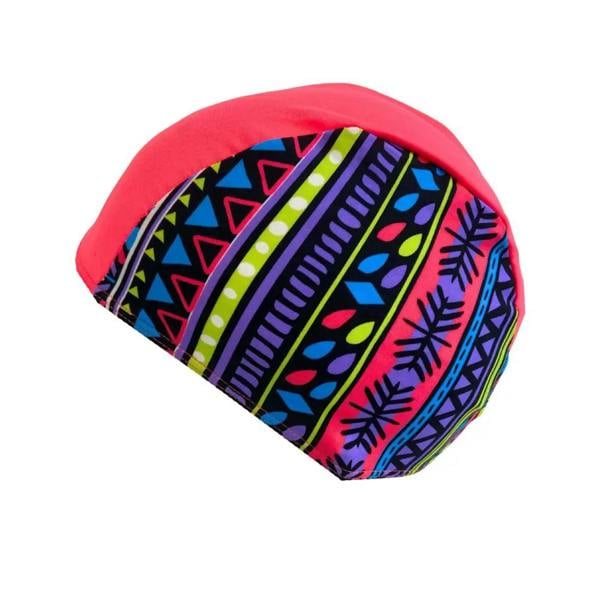 Vibrant junior lycra swim cap with neon pink multicolored Aztec pattern