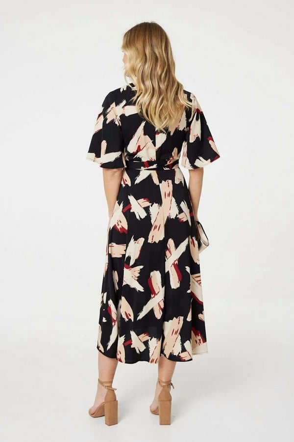 Black | Printed 1/2 Sleeve Midi Dress