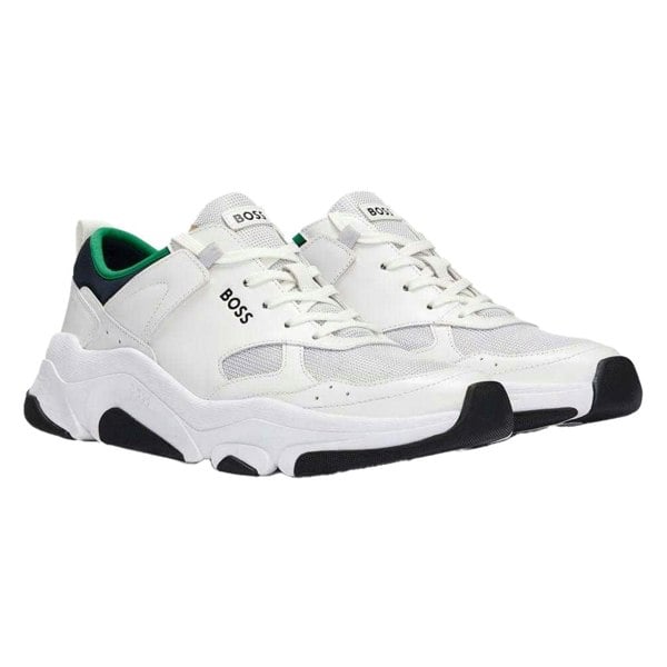 Hugo Boss Mens Asher Leather Running Trainers - White/Green