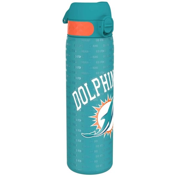 A teal water bottle sits against a white background. The bottle features a teal lid with an orange accent and is decorated with repeated text, "Go Fins" and "Miami," plus a Miami Dolphins logo.