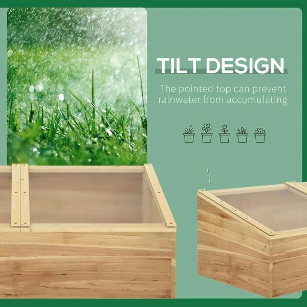 Wooden cold frame greenhouse with open tilting clear top panel over wooden bed