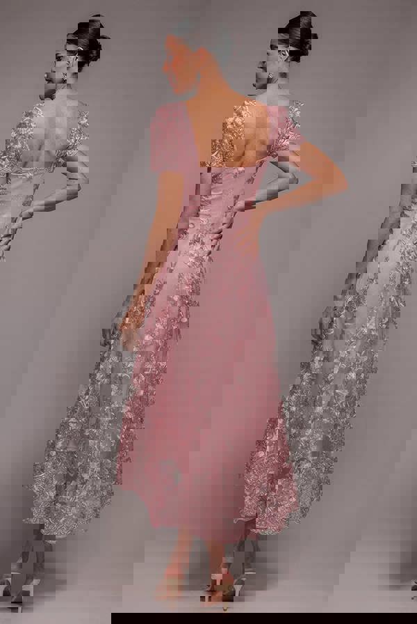 Scalloped Neck Embroidered Lace High Low Midi Dress - Pink DR4265