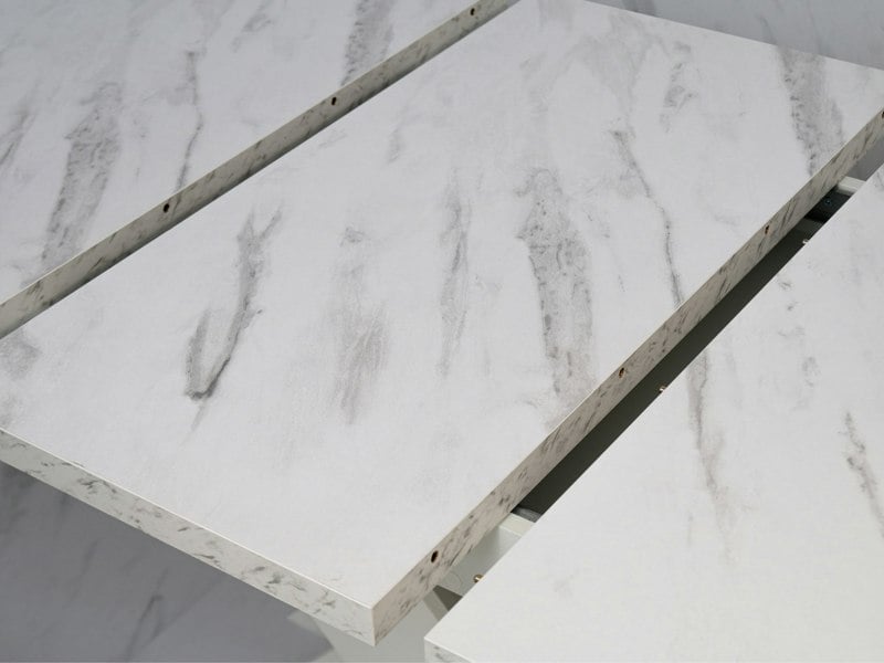Close-up of the White Bianco Marble Effect tabletop with subtle veining and smooth finish