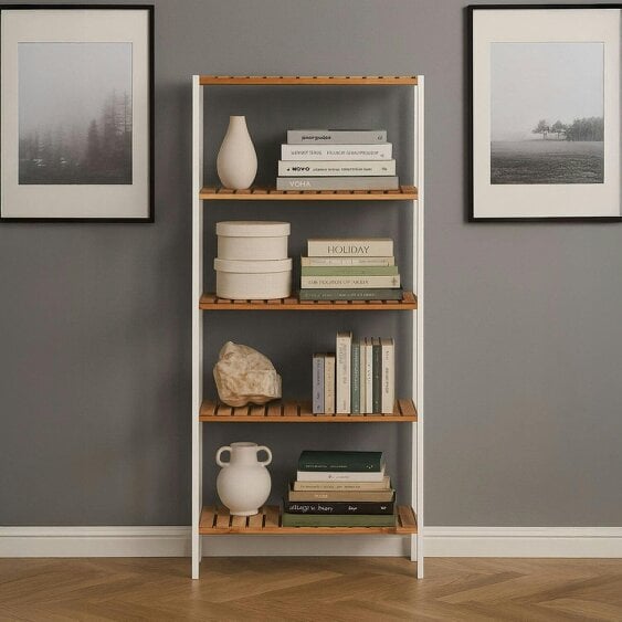 Neo White 5 Tier Bamboo Storage Shelf Shelves Rack Adjustable Multi-Purpose Rack Shoes Plants Bathroom Kitchen Hallway Room Organiser Unit