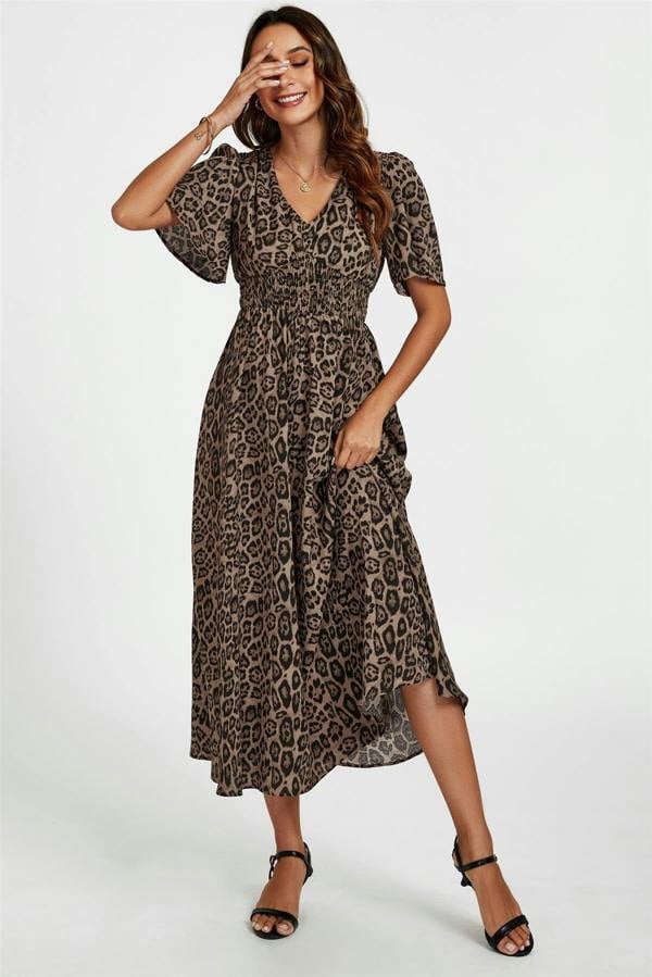 FS Collection Leopard Print V Neck Midi Dress In Brown