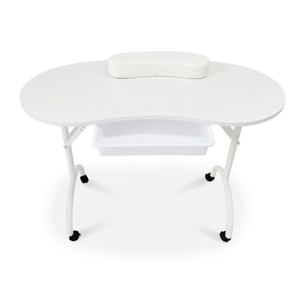 The Rio Professional Manicure & Nail Beauticians Table features a curved top, cushioned armrest, storage tray underneath, and four caster wheels—ideal for any nail technicians workspace.