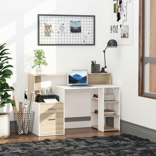 Wyld Haus Niledi 137cm Wooden Oak Large Office Desk With Shelves Drawers And Printer Stand