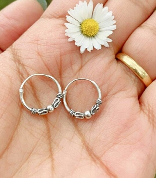 The Colourful Aura Silver Sterling Oxidised Wired Ball Tribal Dainty Slim Ethnic Hoop Earrings