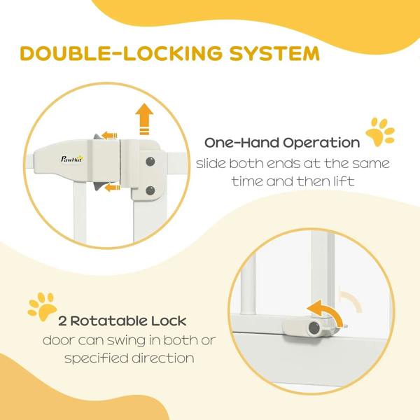 White pet gate detail of slide lock system with one-hand operation