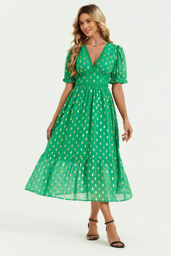 FS Collection Lace Trim Foil Midi Dress In Green