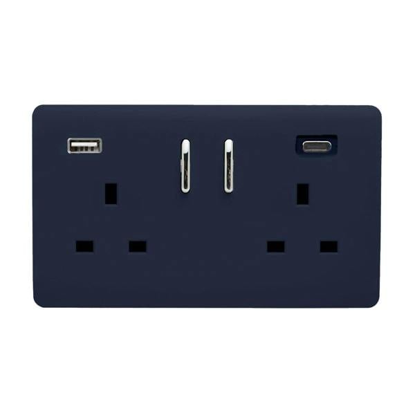 Trendi Switch 2 Gang USB 3100mA Type A & C USB Plug Socket in Navy Blue