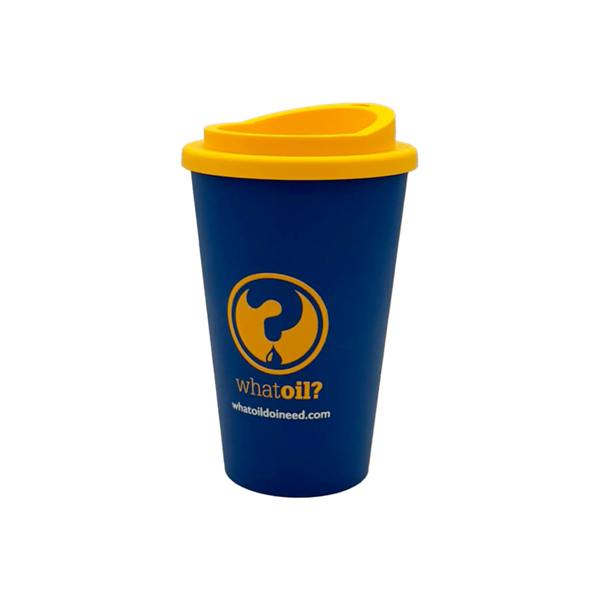 Morris Lubricants Reusable Travel Mug Cup with Lid Blue & Yellow Branded