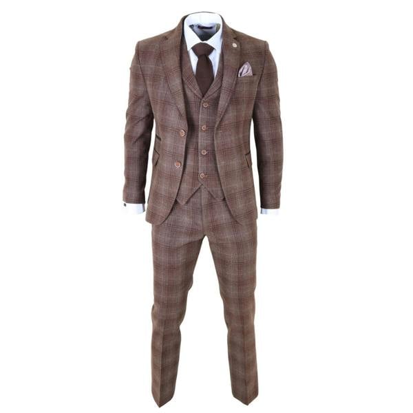 Infinity Leather Men's Formal Brown Tweed  3 Piece Check Vintage Gatsby Style Suit