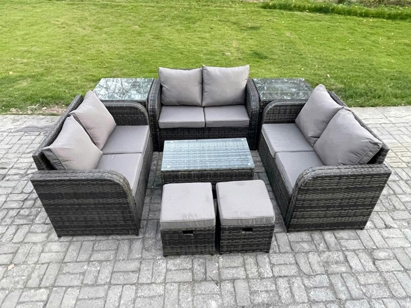 Fimous 8 Seater Dark Grey Mixed Rattan Outdoor Lounge Set - Loveseat, Coffee Table & 2 Side Tables & 2 Small Footstools