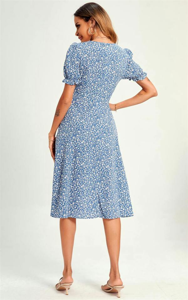 FS Collection Little Flora Print Tie Front Slip Leg Dress In Blue