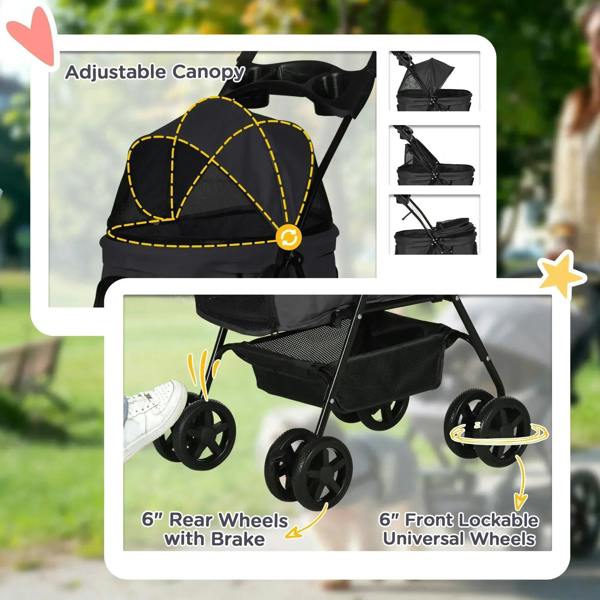 Black dog stroller with adjustable canopy, front lockable wheels and rear brake