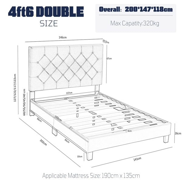 Furniture One Double Bed Frame, Upholstered Platform Bed Frame with Adjustable Headboard, Solid Wood Slats, Max Load 320KS