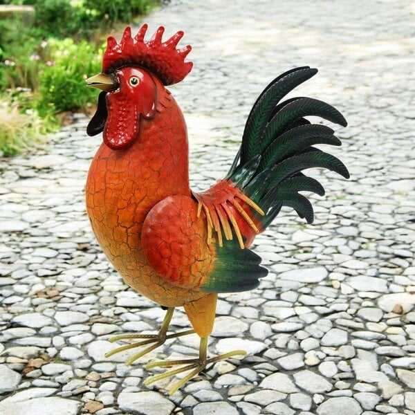 EDH Door Hardware Large Metal Red Cockerel (44cm x 16cm x 36cm) – Handcrafted Rustic Rooster Garden Ornament  Farmyard Statue