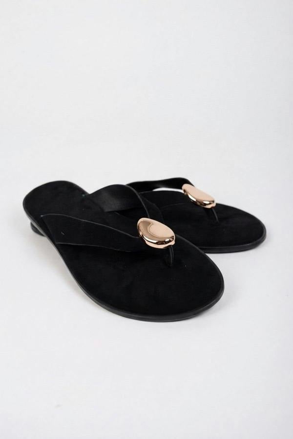 Thea Womens Gold Trim Thong Flat Sandals - Black
