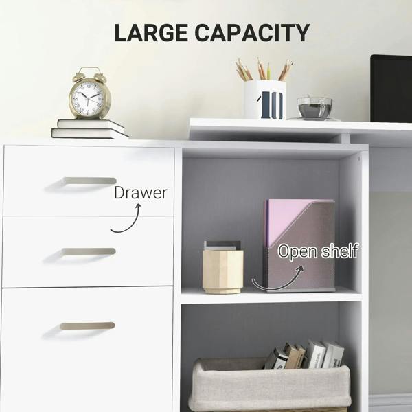 White desk unit with drawer storage and an open shelf bay for books and decor.