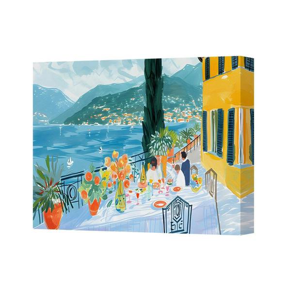 Benjamin Tate Design Canvas Wall Art Coastal Seaside Terrace Dining Scene With Colorful Flowers
