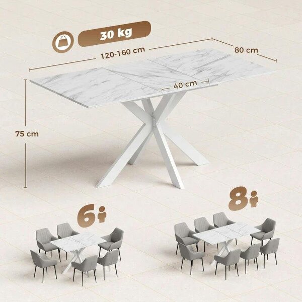 Extendable Dining Table Steel Cross Legs Steel Rails Space Saving White