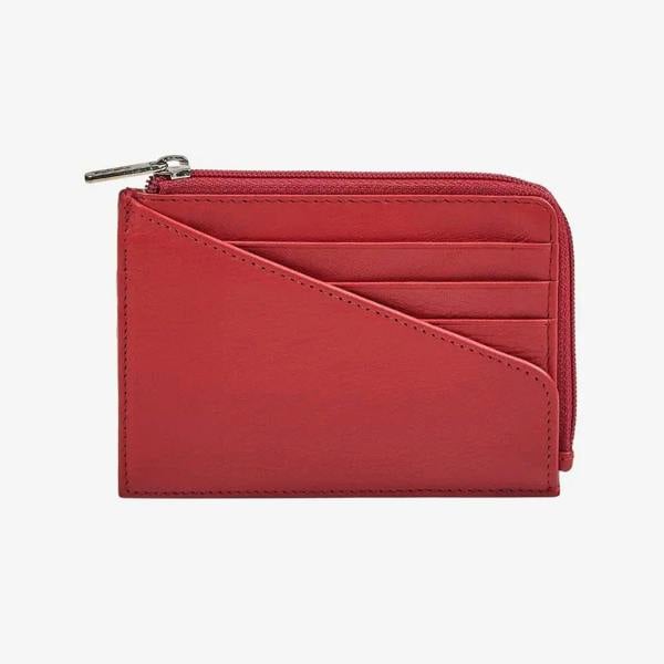 Women's leather zip card holder in red real leather