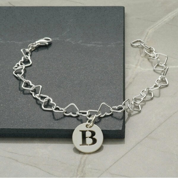 Christopher James of London Sterling Silver Light Heart Charm Anklet With Initial Disc Charm