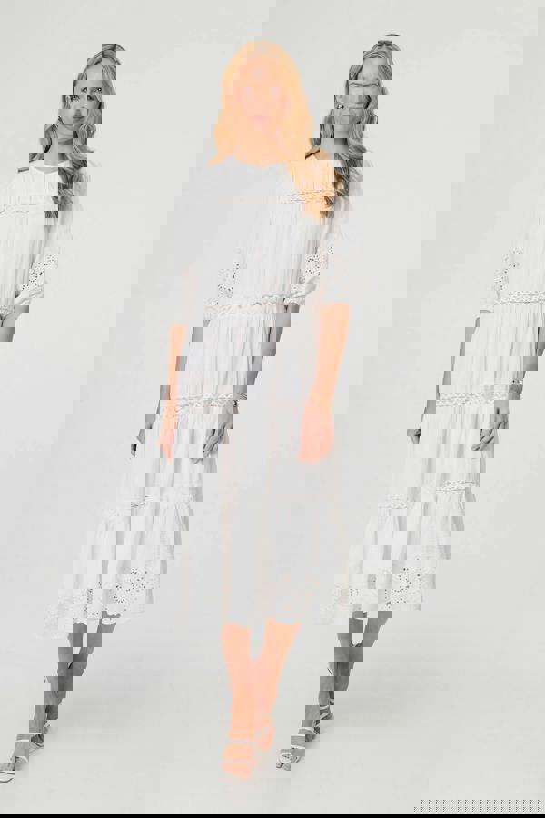 White | Broderie Anglaise Trim Tiered Midi Dress