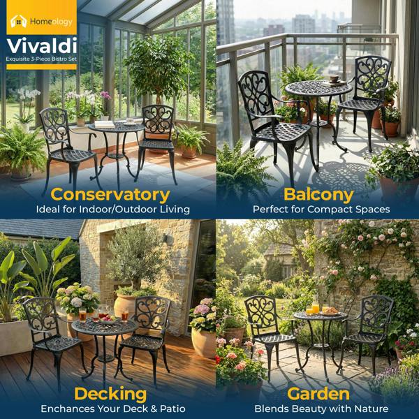 Homeology VIVALDI Black 3-Piece Cast Aluminium Garden Bistro Set - Round Table & 2 Generously Sized Chairs - for Patio, Balcony & Conservatory