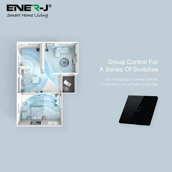 ENER-J Black Smart Switch – 1 Gang Wireless WiFi Switch, No Neutral Wire, Alexa & Google Compatible, UK Glass Panel