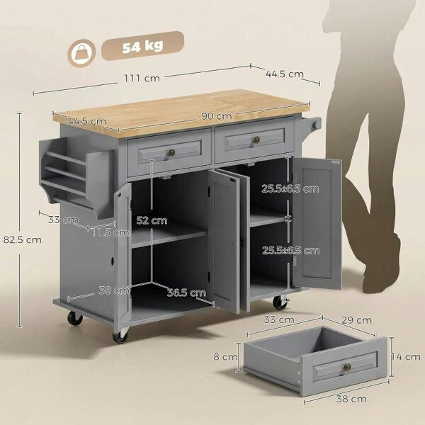Kitchen Island on Wheels, Rolling Kitchen Trolley with Rubberwood Top, 2 Drawers, Adjustable Shelves, Grey