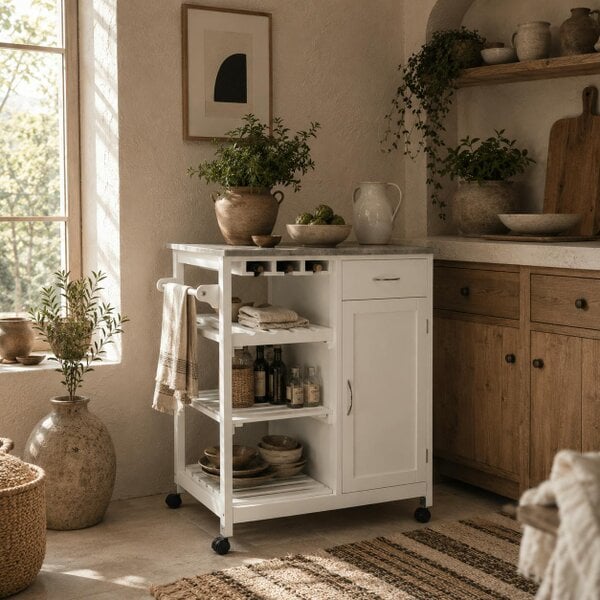 Wyld Haus Sohavi Wooden White Compact Kitchen Trolley With Wine Rack Drawer And Open Shelving