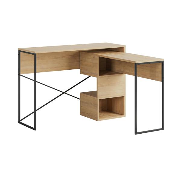 Decortie Modern Badau L-Shaped Computer Desk Metal Legs 3 Adjustable Storage Shelf Extra Table 110cm(W) Work PC Office