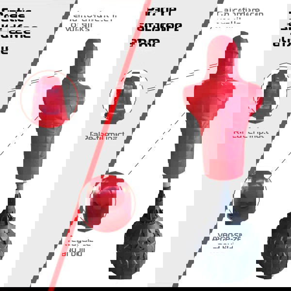 Medium free-standing boxing dummy in red with a muscular design, featuring a sturdy black base for stability and realistic impact training