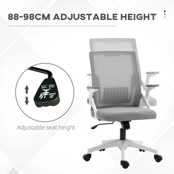 Grey mesh office chair with adjustable height and swivel seat on casters