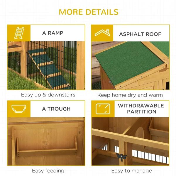 Wooden rabbit hutch with ramp, green top pad, feeding trough, and removable partition