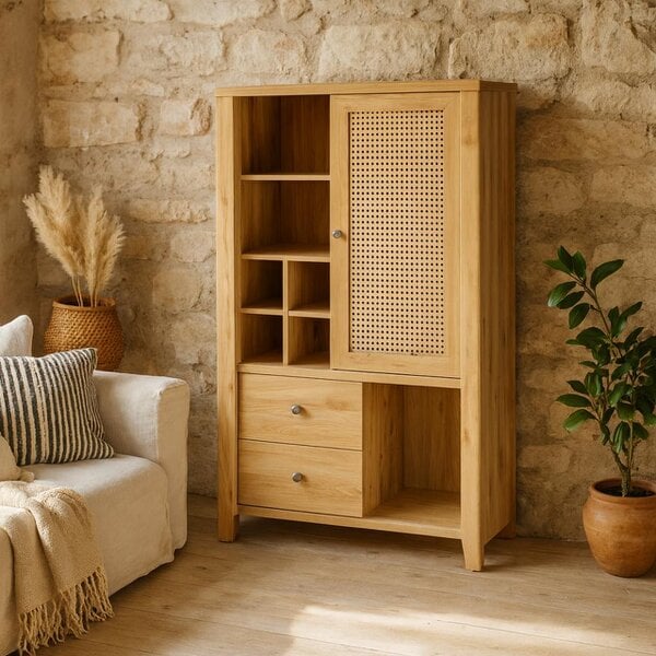 Wyld Haus Monza Natural Oak Wood and Rattan 1 Door 2 Drawer Cabinet