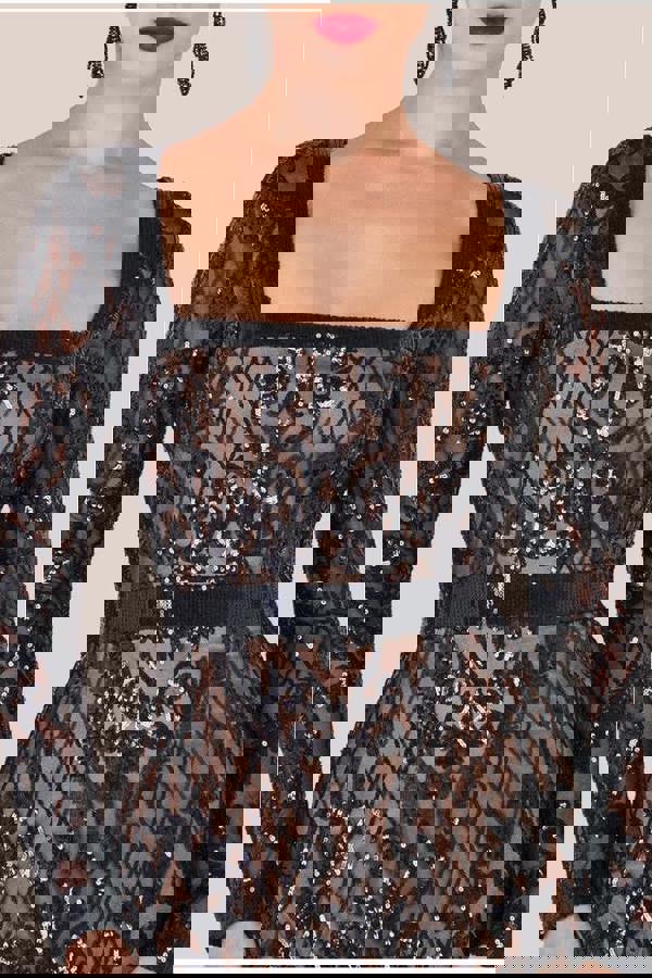 Sequin Square Neck Maxi With Scallop Hem - Black DR4038