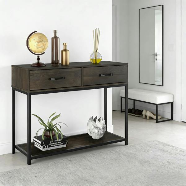 ADOV Console Table with 2 Drawers, Industrial Hallway Table with Open Shelf and Metal Frame for Living Room