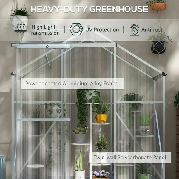 Heavy-duty walk-in greenhouse with clear panels and silver powder-coated frame