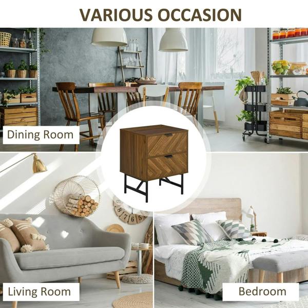Walnut brown two-drawer bedside table with black legs for bedroom storage
