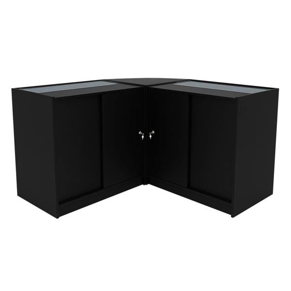 Black Helios LED shop counter set featuring a sleek, modern design with glass display tops and two matching K900 cabinets
