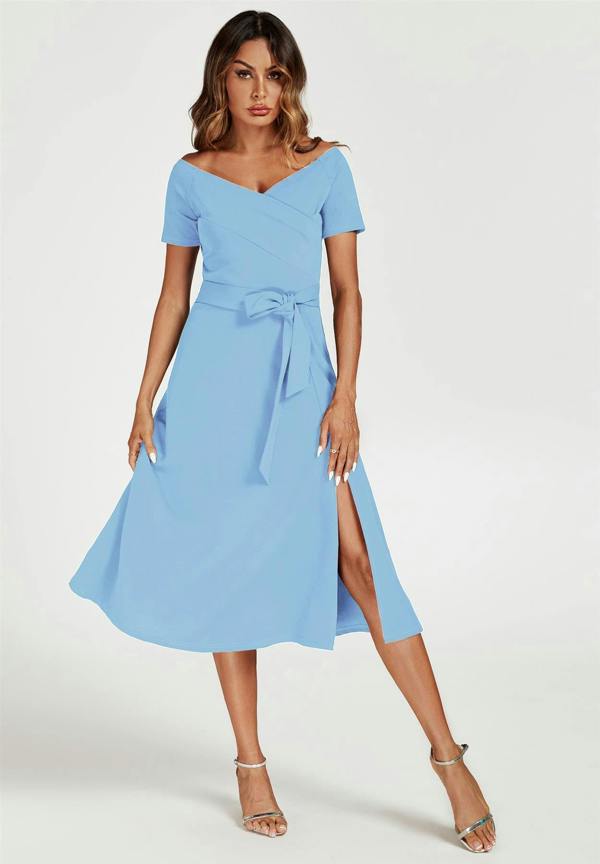 FS Collection Bardot Midi Dress In Light Blue