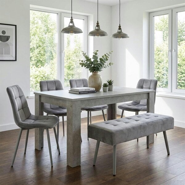 Kosy Koala Wooden Grey Dining Table Set with 4 Grey Velvet Chairs and 1 Grey Bench - Dining Room Furniture