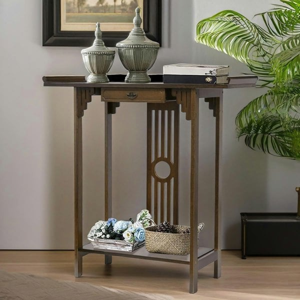 Rafaelo Mobilia Bamboo Slim Console Table With Shelf And Drawer