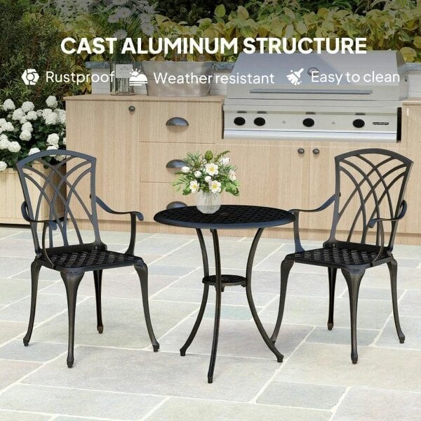 Bobobiy 3 Pieces Garden Dining Set for 2, Cast Aluminium Outdoor Dining Set with 2 Armchairs and Round Dining Table with Parasol Hole, Bronze Tone